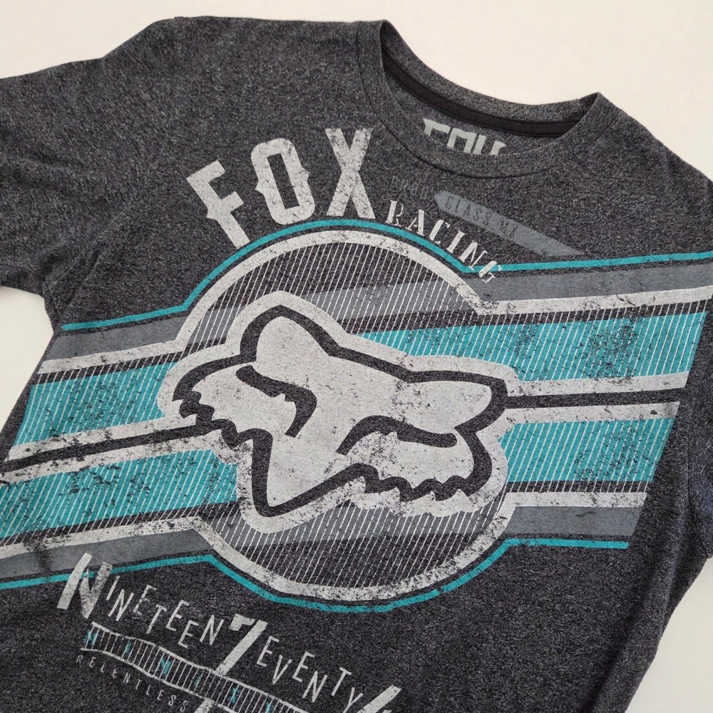 Fox Racing T-Shirt‎ Charcoal Gray Teal Distressed Graphic Mens Medium
